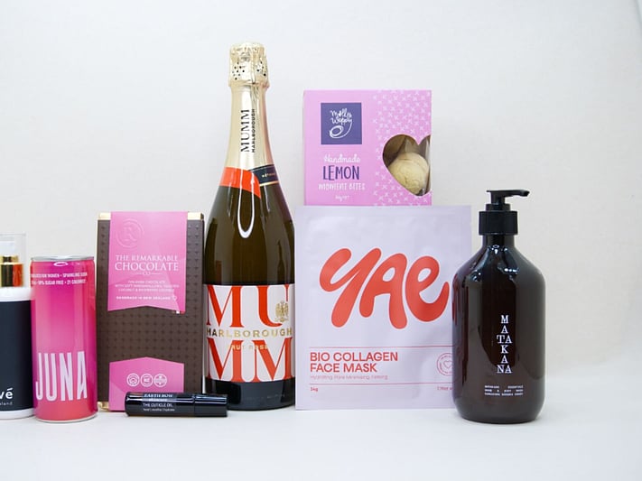 Pink Celebration gift box NZ — NZ-made gift box with sparkling wine, face mask, chocolate and wellness treats