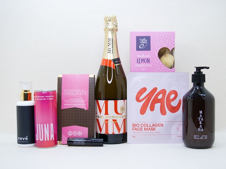 Pink Celebration gift box NZ &mdash; NZ-made gift box with sparkling wine, face mask, chocolate and wellness treats