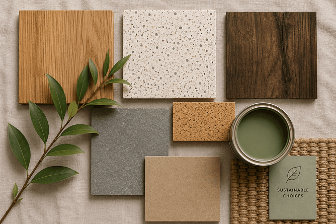 Selection of eco-friendly building materials including sustainable timber, recycled surfaces, low-VOC finishes and natural textures