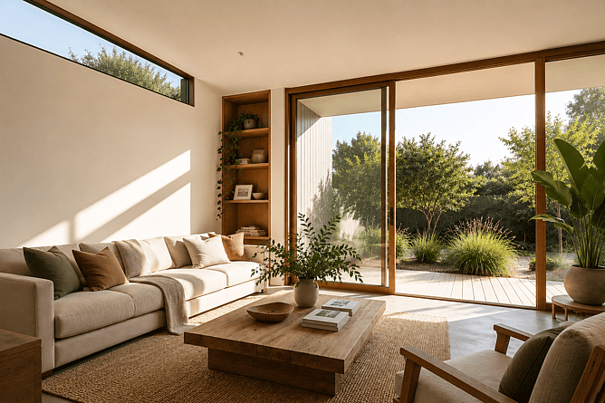 Light-filled energy-efficient living room in a modern New Zealand home with large glazing, natural timber finishes and indoor plants