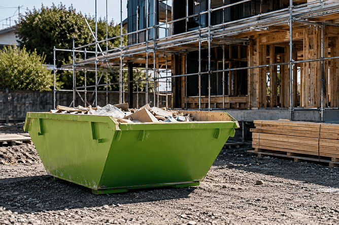 Construction waste bin on New Zealand building site showing responsible waste management during a home build