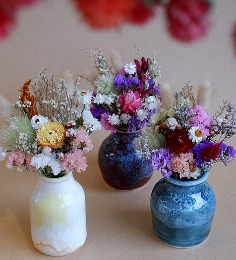 Bud vase and posies. Our ready to gift range of handmade pottery and hand picked dried flower bouquets make the perfect gift under $40