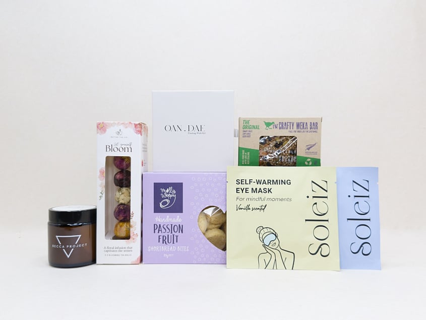 Mindful Moments gift box NZ &mdash; premium NZ-made gifts including Oan Dae wish kit, Becca Project candle and Strawberry Hill teatowel