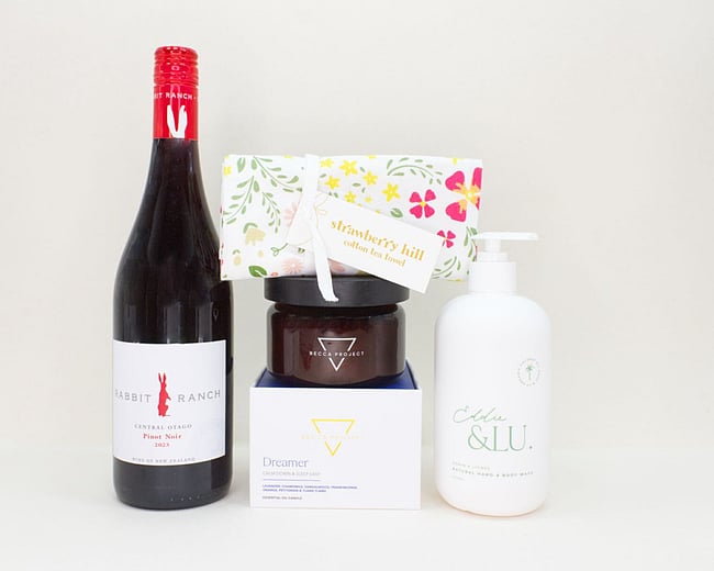 A moment for you gift box nz — premium NZ-made hamper with rabbit ranch wine, becca candle, eddie & lu, strawberry hill teatowel - delivered nz wide