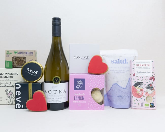 The with sympathy gift box nz - molly woppy cookies, saltd bath soak, bennetto chocolate, oan dae, weka muesli bar and aotea wine - delivered nationwide