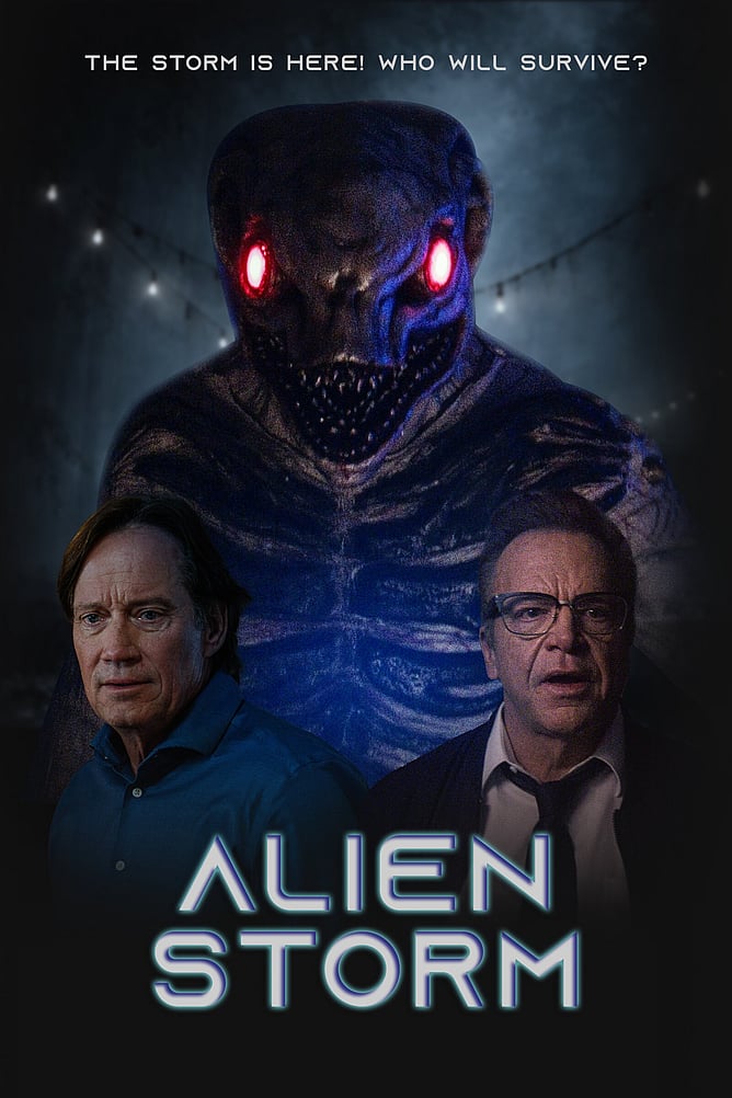 Poster for 'ALIEN STORM', a 2026 sci-fi horror thriller from Mahal Empire starring Kevin Sorbo, Tom Arnold and Glenn Plummer, premiering on Apple TV from 21 July