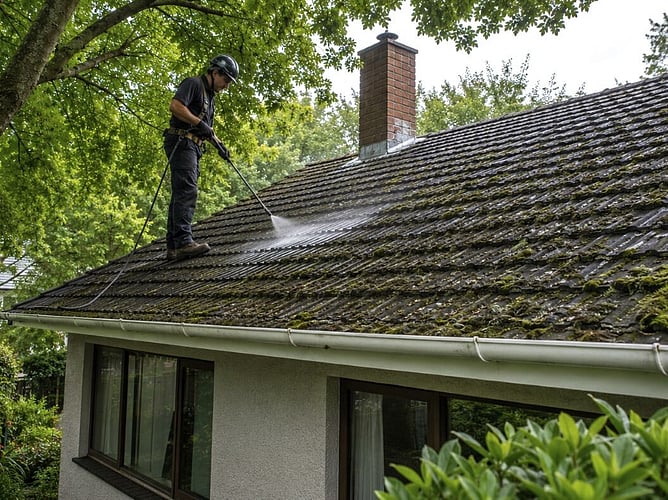 roof moss treatment on Cambridge house, ai