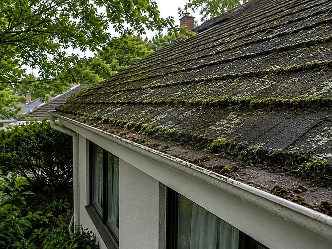 Shaded roof with moss problem and blocked gutters ai