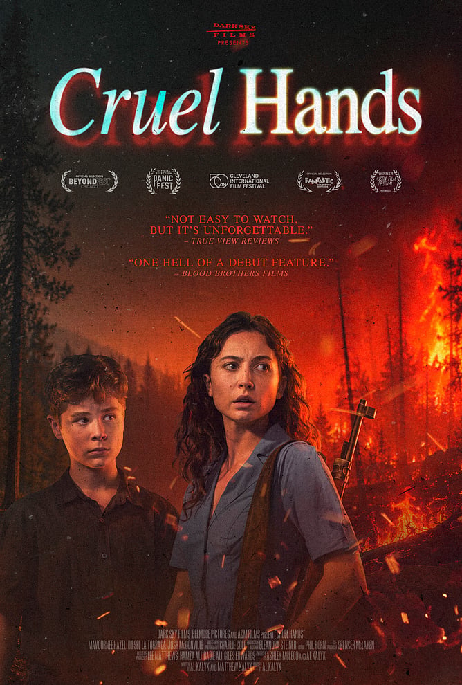 Poster for 'CRUEL HANDS', a 2026 survival thriller directed by Al Kalyk and released in theaters and on digital platforms from 24 July via Dark Sky Films.