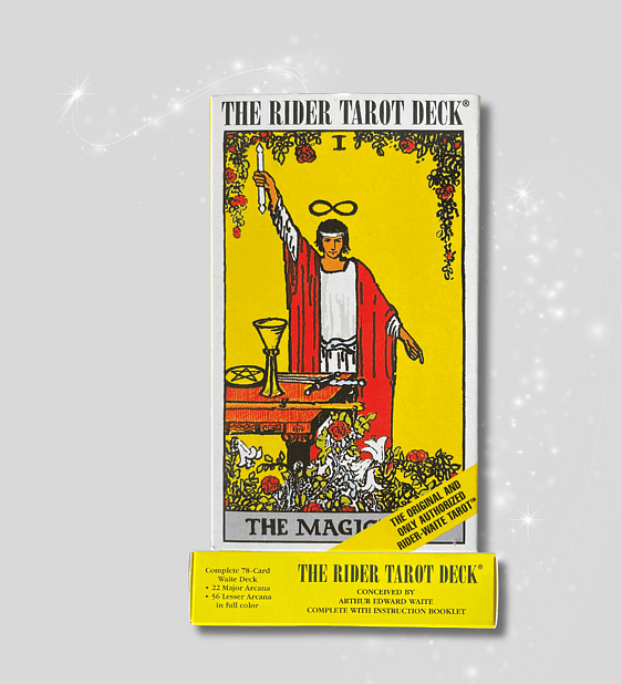 The Rider Tarot Deck with a grey background and sparkles behind it