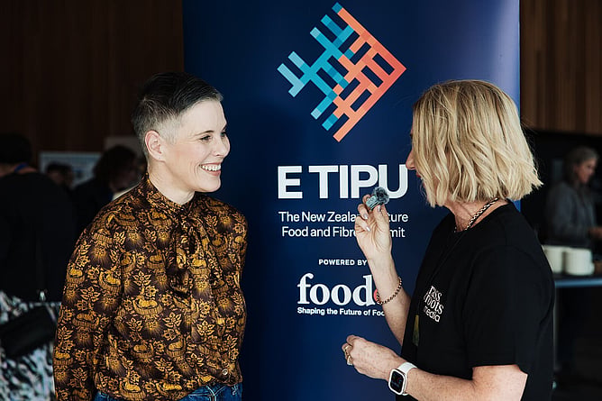 Annie interviews a smiling Karen Walker in front of an E Tipu banner at the summit.