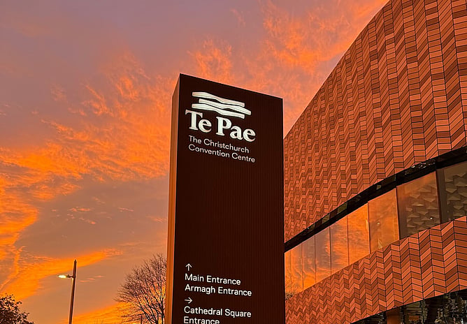 The entrance plinth of Te Pae as the sun sets. 
