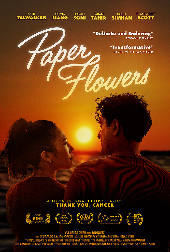 Poster for 'PAPER FLOWERS', a 2026 true story drama based on the viral HuffPost article 'THANK YOU, CANCER'.