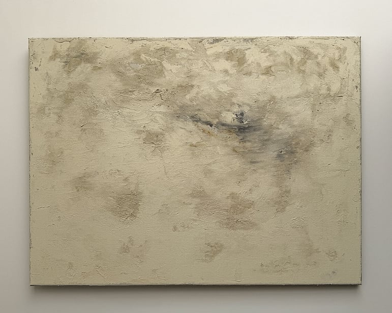 full image of textural atmospheric landscape painting on linen with warm cream and stone tones, soft grey sweeps and raw sienna markings