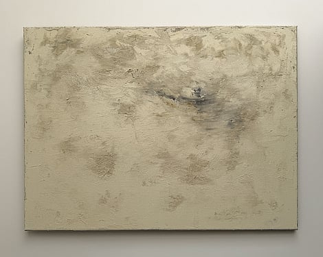 full image of textural abstract painting on linen with warm cream and stone tones, soft grey sweeps and raw sienna markings
