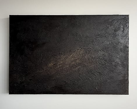 full image of moody landscape painting on linen, with a heavily textured deep cocoa-toned surface of mineral texture, creating fractured ridges and recessed pockets with soft caramel tones blended along the central ridge