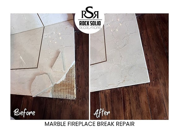 Before and after marble fireplace break repair showing damaged stone restored.