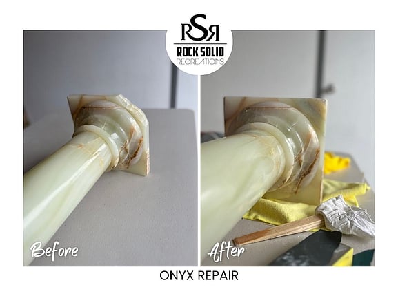 Before and after onyx repair showing a decorative stone feature restored.