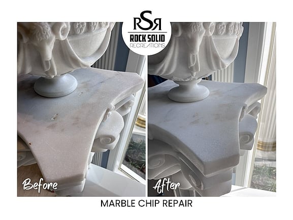Before and after marble chip repair showing a damaged edge restored.