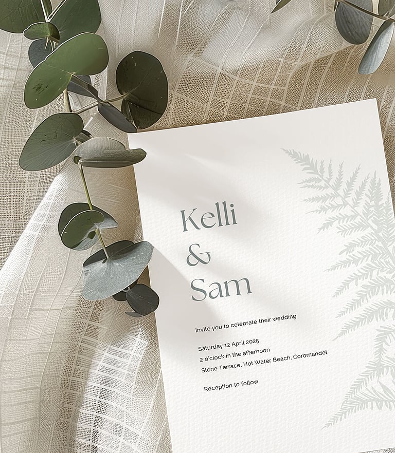 Luxury wedding inviatation design featuring a silver fern by Poppyseed Design