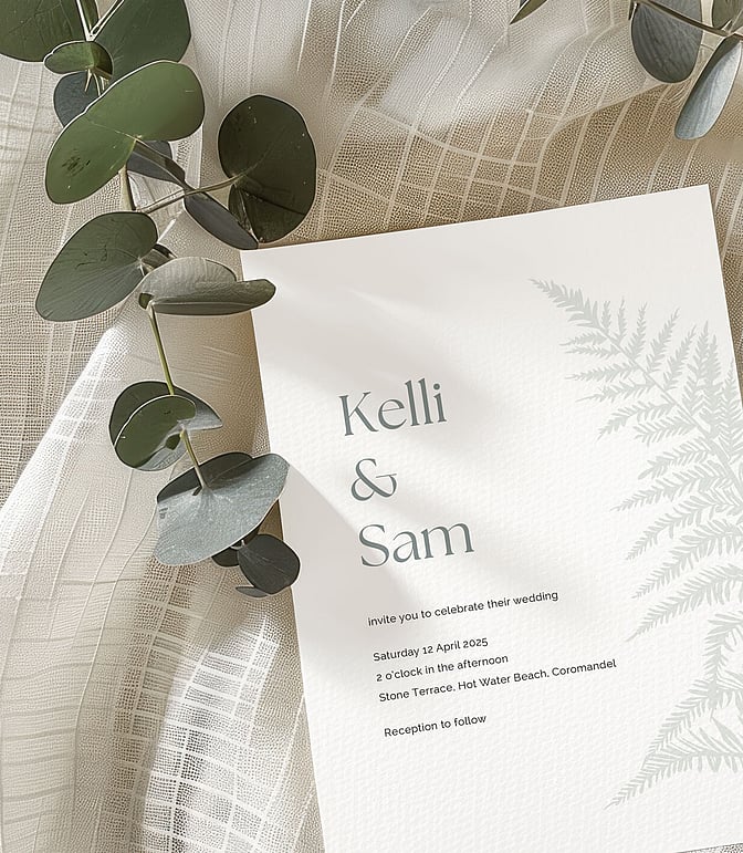 Luxury wedding inviatation design featuring a silver fern by Poppyseed Design