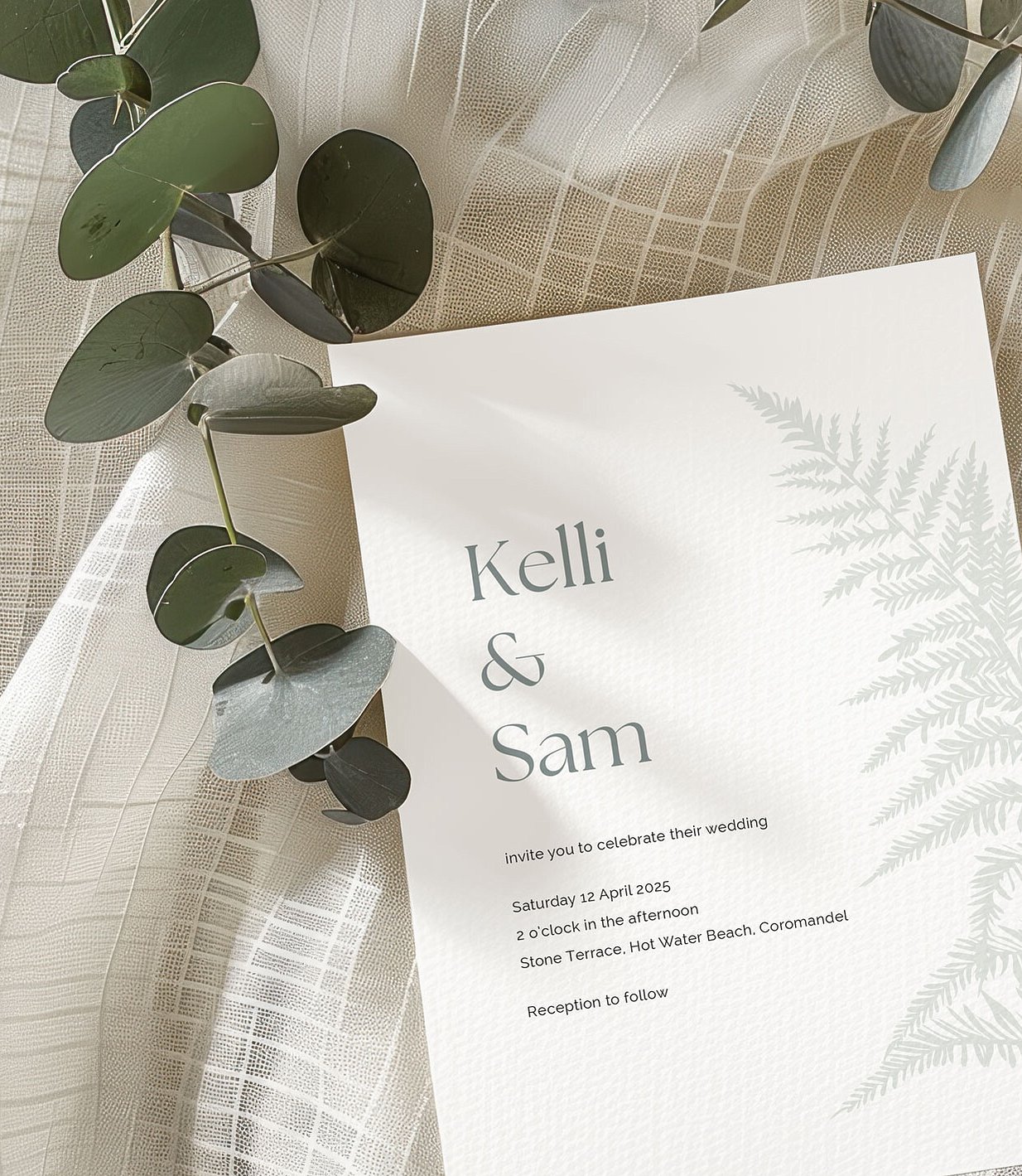 Luxury wedding inviatation design featuring a silver fern by Poppyseed Design