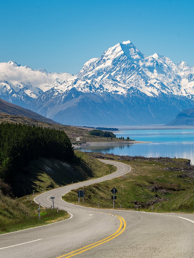 Snow-capped Southern Alps mountain range in winter, South Island New Zealand