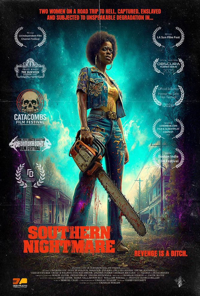 Poster for 'SOUTHERN NIGHTMARE', Charlie Steeds’ 2026 grindhouse-inspired horror film coming to Blu-ray and Digital via Black Mandala.