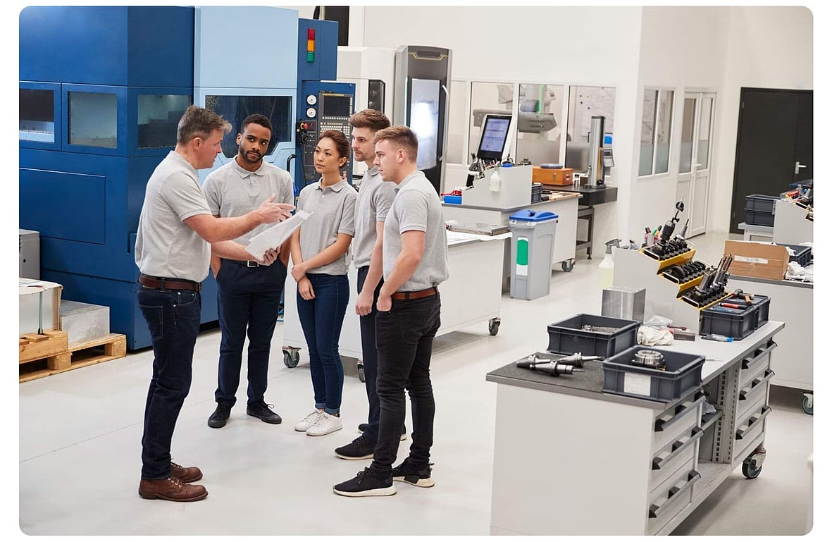 Team of colleagues talking in a manufacturing facility