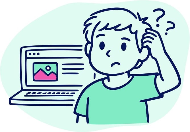A doodle style illustration with a man scratching his head and question marks floating above. A laptop with a website is in the background.