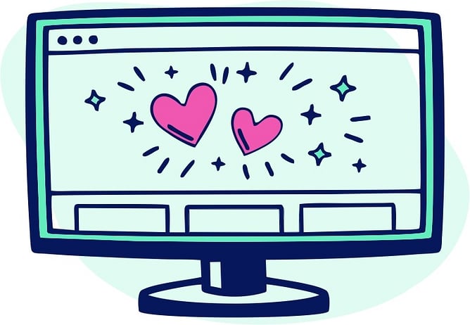 A ddodle style illustration of a desktop screen with a website mockup filled with heart, stars and sparks