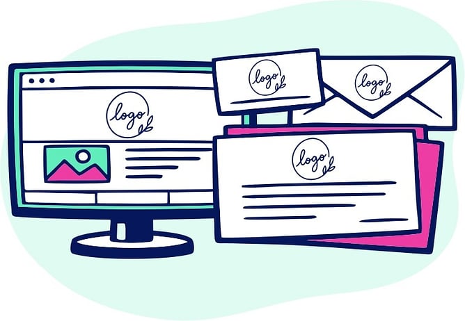 A doodle style illustration of a computer screen and various printed stationery with the same logo on them all.