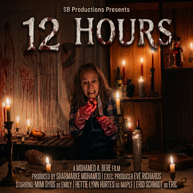 Poster for '12 HOURS', a 2026 psychological horror short from writer-director Mohamed A. Bere, starring Mimi Dybs, Hettie Lynn Hurtes and Reid Schmidt.