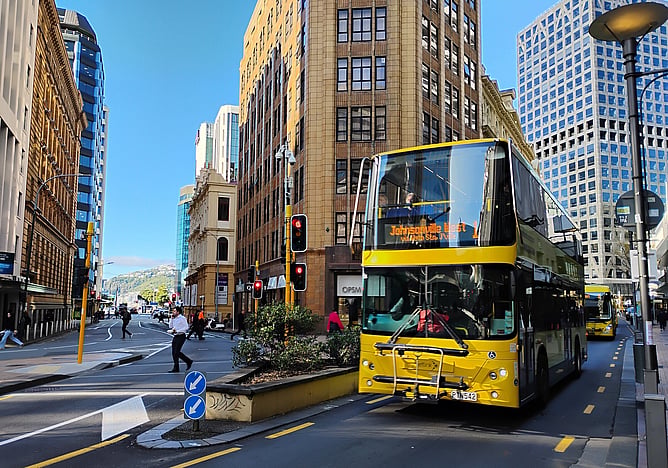 A city bus travelling through the Wellington CBD, New Zealand