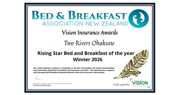 B&B Association NZ - Rising Star Bed and Breakfast of the Year Certificate