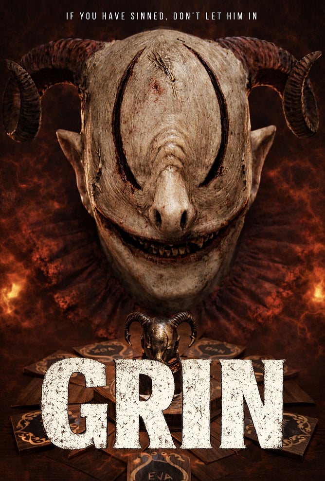 Poster for 'GRIN', a 2026 demonic board game horror film directed by Lawrence Fowler, produced by Fowler Media and distributed by Cineverse.