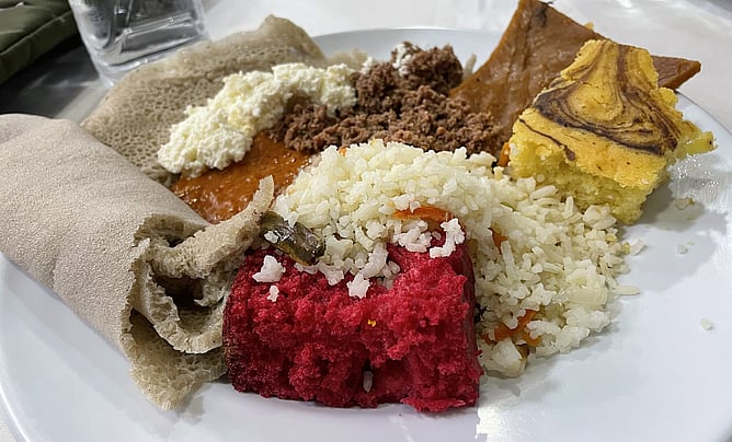 Typical Ethiopian fare, including their famous fermented flatbread, injera.