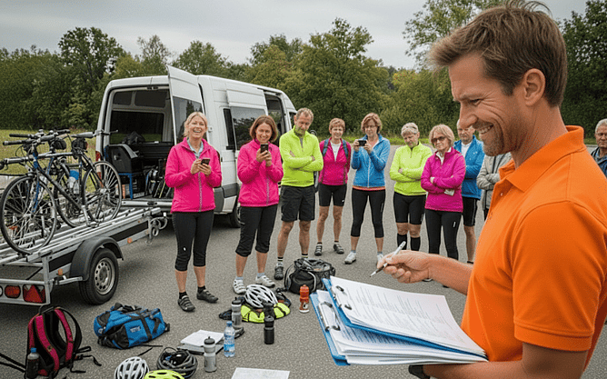 Pre-departure briefing for a multi-day cycling tour, with the guide reviewing itineraries and operational information before guests set off.