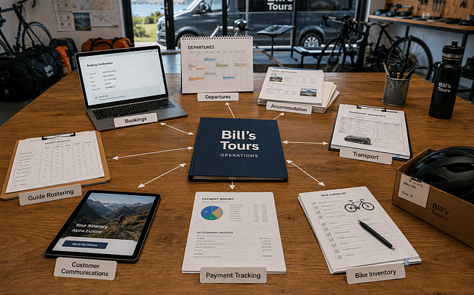 One connected tour operations system manages bookings, departures, accommodation, transport, guide rostering, customer communications, payment tracking, and bike inventory from a single source of truth.