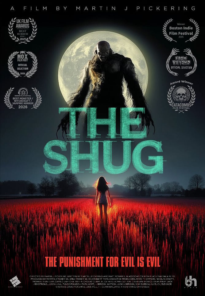 Poster for 'THE SHUG', a 2026 British folk horror creature feature from director Martin J. Pickering, with worldwide sales by Black Mandala.
