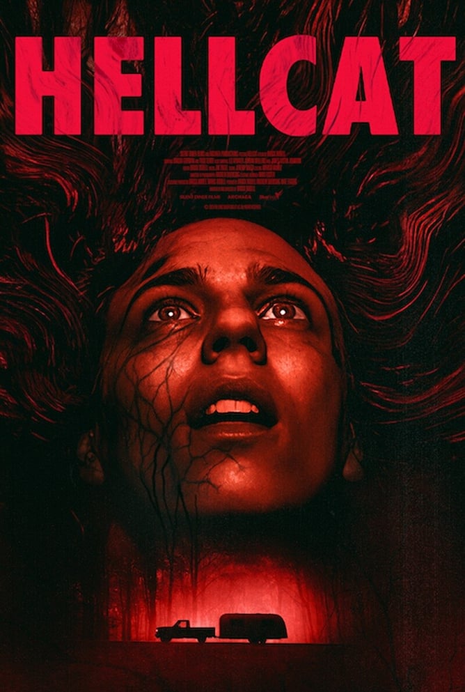 Poster for 'HELLCAT', a 2026 survival horror film directed by Brock Bodell and starring Dakota Gorman, released by Blue Finch Film Releasing.