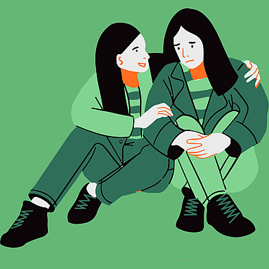 two women sitting next to each other, one with arm around the other in a comforting manner