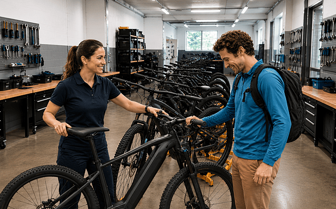 A tour operator helps a guest select the correct bike size before departure, ensuring the right bicycle is available and reducing last-minute allocation conflicts.