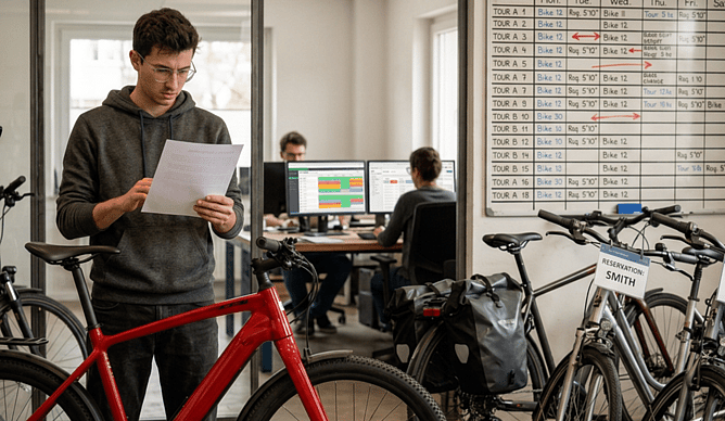 Tour operator managing bike inventory through paper-based processes and multiple disconnected systems, representing the disorganised workflow that many tour operators still relate to today.