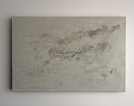 full image of abstract painting with layered mineral and stone tones, irregular clusters of scattered pumice texture, subtle raised surface and softly blended tonal layers