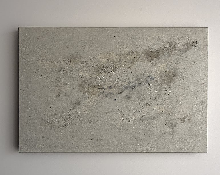 full image of atmospheric landscape painting with layered mineral and stone tones, irregular clusters of scattered pumice texture, subtle raised surface and softly blended tonal layers 