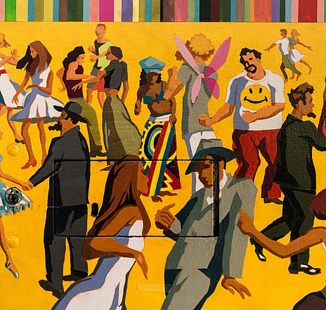 Colourful mural of people dancing. Amy & Friends workshop for Waimarino Art Awards 2026. Image by tim-mossholder-3qglmiP1HK0-unsplash