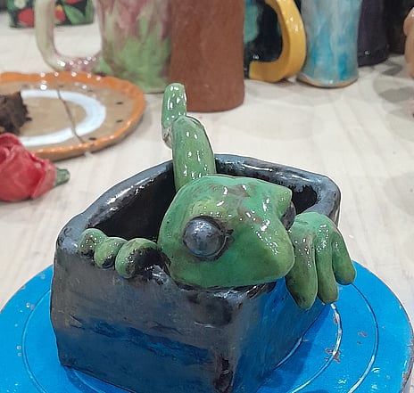 Glazed clay frog on pottery wheel. Clay Animals workshop with Barbara van de Woerd for Waimarino Art Awards 2026