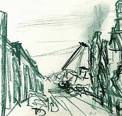 Quick drawing of a city street. Annie Stone Quick! Draw! Workshop for Waimarino Art Awards. Image by Photo by <a href="https://unsplash.com/@heijnsbroek_abstract_art?utm_source=unsplash&utm_medium=referral&utm_content=creditCopyText">Fons Heijnsbroek</a> on <a href="https://unsplash.com/photos/a-charcoal-sketch-of-a-cityscape-6uBwOw5JwUY?utm_source=unsplash&utm_medium=referral&utm_content=creditCopyText">Unsplash</a>