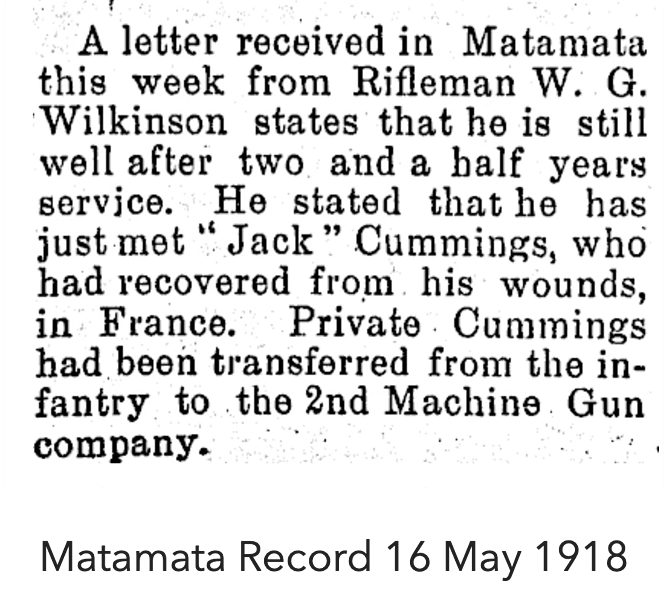 Newspaper clipping from the Matamata Record reporting on Rifleman W. G. Wilkinson and Private "Jack" Cummings in France.